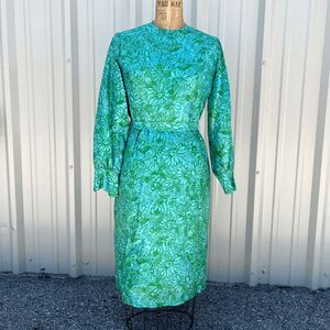 NC 1950s Silk Floral Dress S/M | Teal Green Long Sleeve w/ Belt | Mad Men Era